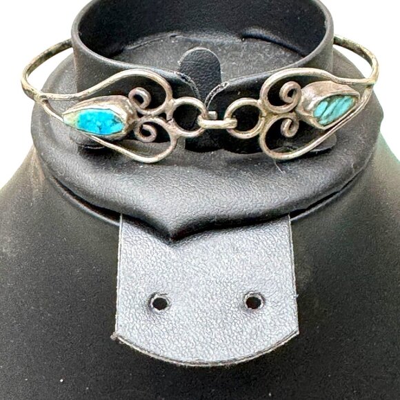 Vintage Mexican Sterling Silver Turquoise Cuff Bracelet Scroll Bangle Southwest - Picture 2 of 8